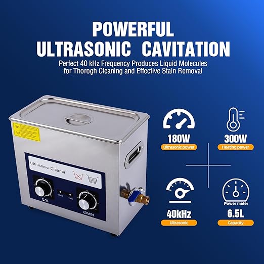 6.5L Ultrasonic Cleaner Machine with Heater Timer, 180W Stainless Steel Ultrasonic Washing Machine, 40KHz Sonic Jewelry Glasses Parts Washer for Jewelry Eyeglasses Tools Parts