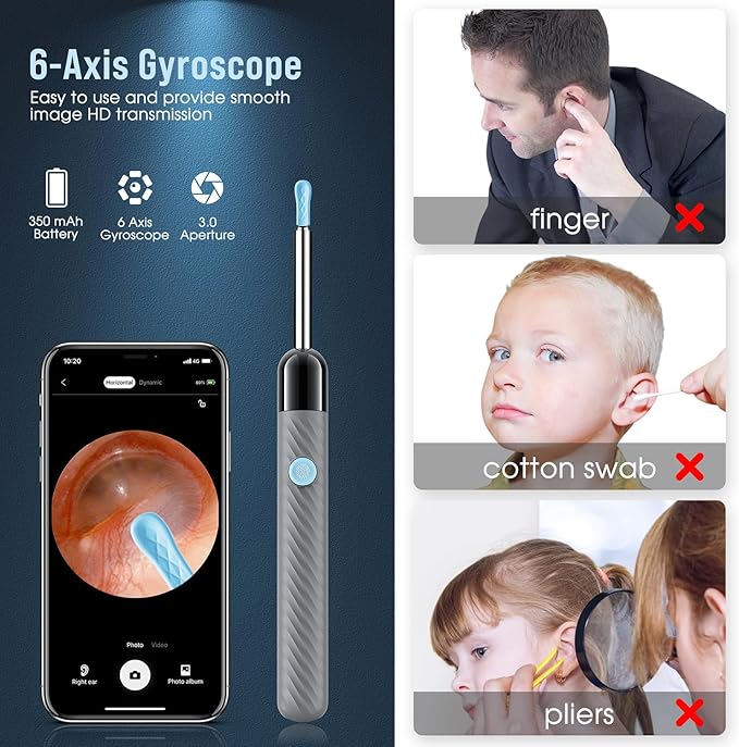 LEIPUT Ear Wax Removal - Earwax Remover Tool with 8 Pcs Ear Set - Ear Canal Cleaner with 1080P Camera - Ear Cleaning Kit with 6 Ear Spoon - Ear Camera for iOS & Android (Grey)