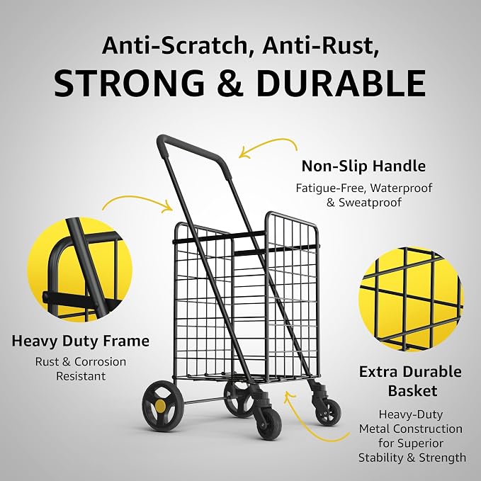 Our Modern Space Shopping Cart & 360° Swivel Wheels | Foldable Collapsible & Lightweight | Perfect for Groceries Laundry Utility Cart - Silver