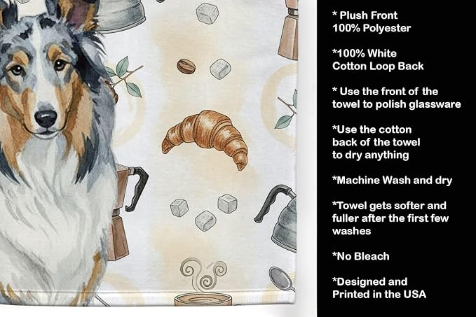 Caroline's Treasures Blue Merle Collie Coffee Bar Kitchen Towel Velour Plush Front and Cotton Loop Back Machine Washable