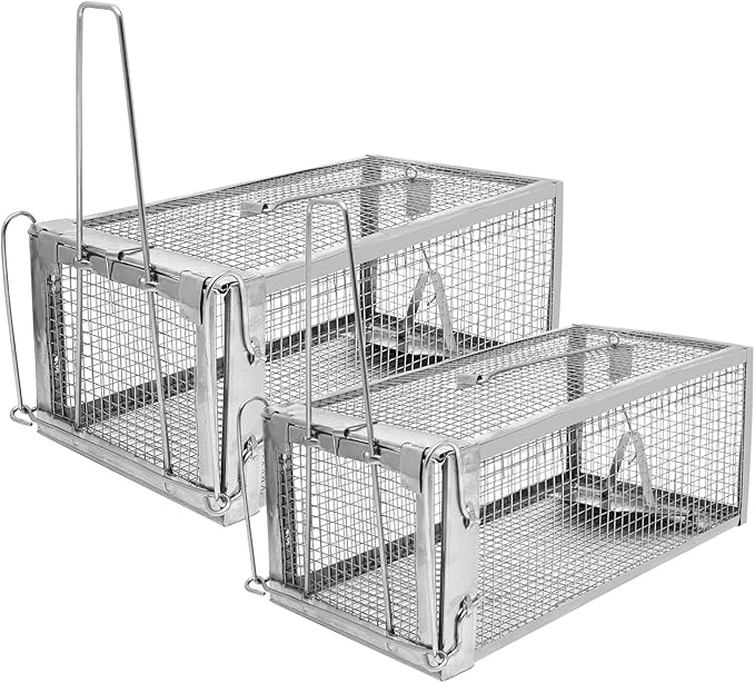 Humane Rat Trap - Catch & Release Chipmunks,Rats & Mice,Live Mouse Trap for Indoor & Outdoor Use ， No-Kill Rodent Trap for Home, Yard, Garage ，Reusable Metal Cage 10.5"x5.5"x4.5"(2pack)