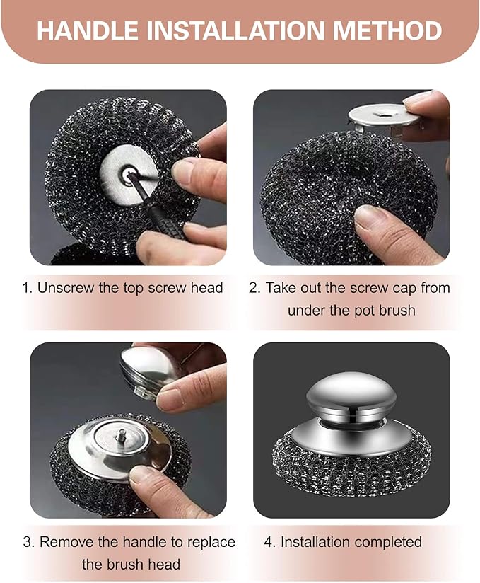 8 Pcs Stainless Steel Wool Scrubber with 2Pcs Handle - Heavy Duty Metal Sponge Scouring Pad for Cast Iron Skillet, Grill & Pots - Rust-Resistant Kitchen Dish Scrubber, Protects Hands & Nails