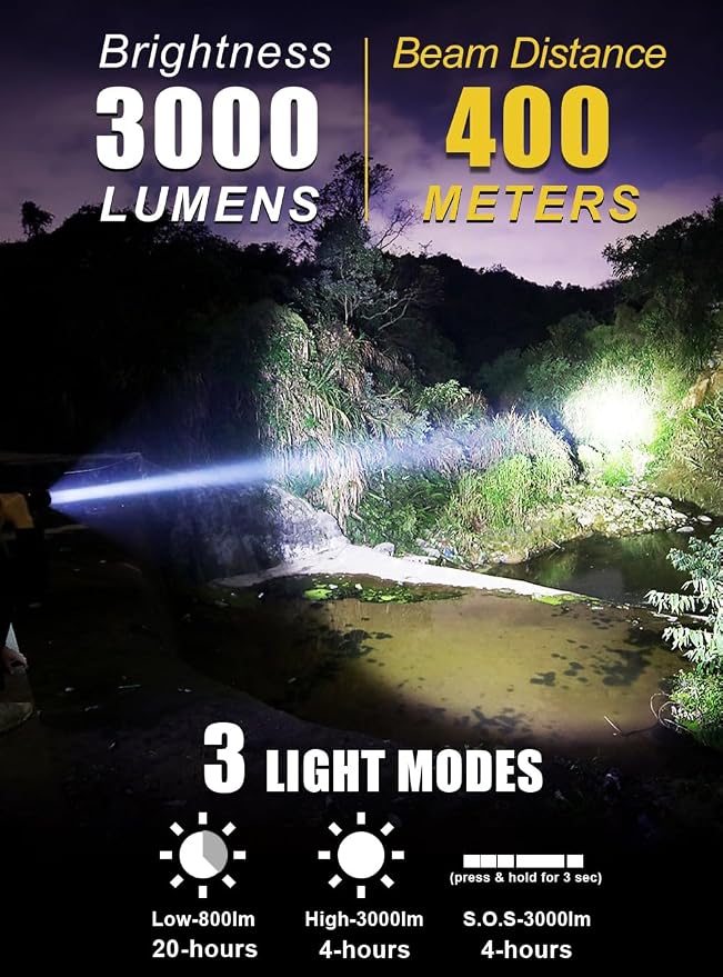PFSN 3000 Lumens Dive Light with Lockable Switch, 150m Underwater Waterproof, 20H Runtime, 400m Long Narrow Beam, Rechargeable Professional Scuba Diving Flashlight for Night Diving, Caving, Snorkeling