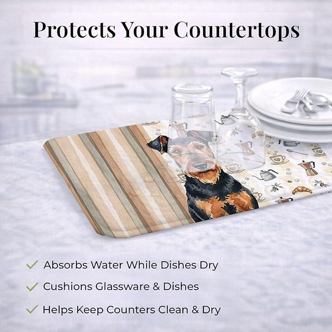 Caroline's Treasures Airedale Terrier Coffee Bar Dish Drying Mat Absorbent Dish Drying Mat Pad for Kitchen Counter Dish Drainer Mat for Countertop, 14 x 21", Multicolor