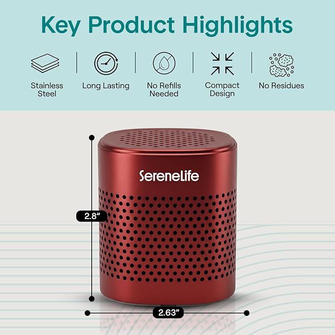 SereneLife Fridge Deodorizer & Odor Eliminator, Multi-Use Refrigerator Deodorizer Aluminum Pod for Freezer, Closet, Car, Shoes & Enclosed Spaces, Compact, Reusable & Lasts Up to 10 Years (Red)