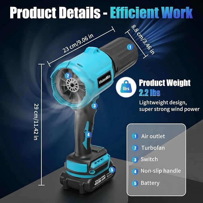 Handheld Leaf Blower, Leaf Blower Cordless with Brushless Motor, 24V Electric Blower with 2×4.0Ah Batteries, 2 Nozzles & Variable Speed, 2.2 lbs for Yard, Car, Dust & Snow Cleaning (Light Blue)
