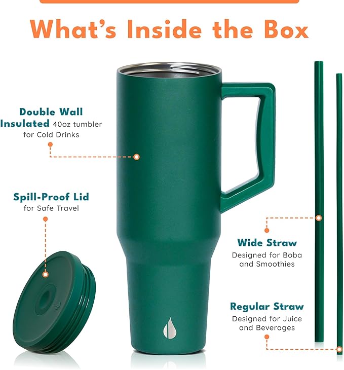 Elemental 40 oz Tumbler with Handle and Straw - Spill Proof Insulated Stainless Steel Commuter for Cold Beverages - Travel Coffee Mug with 2 Straws & Spill Proof Lid - 40oz - Forest Green