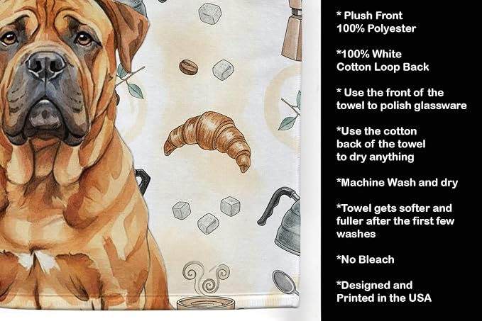 Caroline's Treasures Red Bullmastiff Coffee Bar Kitchen Towel Velour Plush Front and Cotton Loop Back Machine Washable