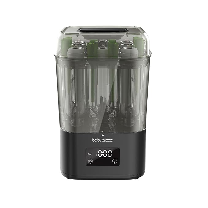 Baby Brezza 10 Minute SuperQuick Bottle Sterilizer + Dryer - Large 8 Bottle Capacity - Steam Sanitization – Universal Fit for All Bottles: Plastic + Glass + Pacifiers + Breast Pump Parts, Matte Black
