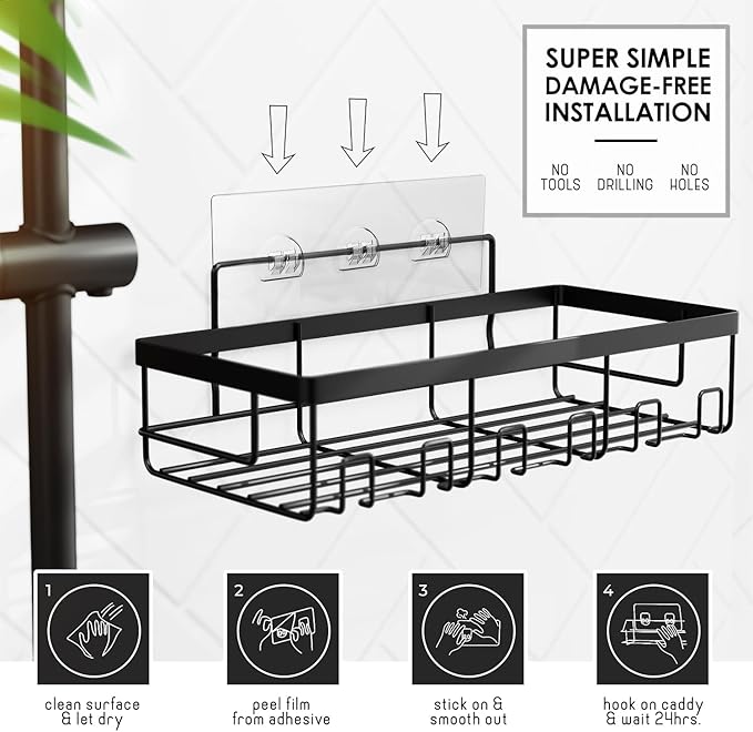 Clara Clark Bathroom Accessories Set - Bathroom Set with Adhesive Corner Shower Caddy Hanging, 25PC Bathroom Accessory Set, Purple Shower Curtain Set, Toilet Brush, Trash Can & Soap Dispenser