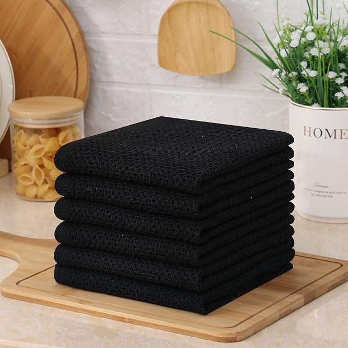 Kitinjoy 100% Cotton Kitchen Dish Cloths (12 X 12 Inches, Black), 6 Pack Waffle Weave Ultra Soft Absorbent Dish Towels for Drying Dishes Quick Drying Kitchen Towels Dish Rags