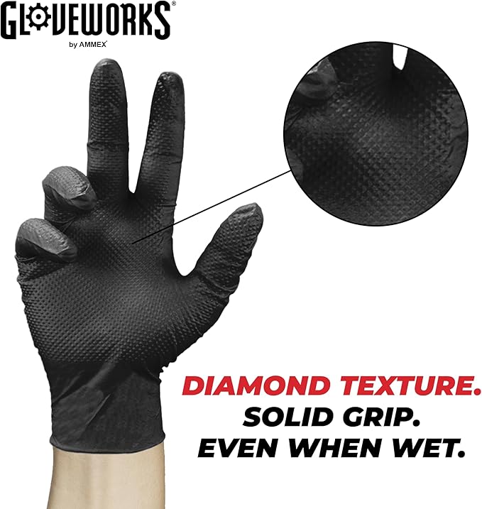 GLOVEWORKS Black Nitrile Gloves 6 Mil, Disposable, Raised Diamond Texture, Latex Free, Food Safe, Industrial Mechanic Glove
