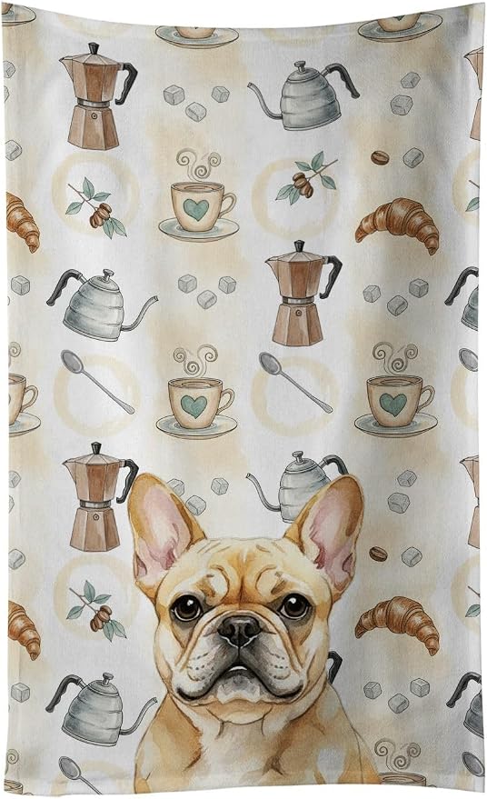 Caroline's Treasures Fawn French Bulldog Coffee Bar Kitchen Towel Velour Plush Front and Cotton Loop Back Machine Washable
