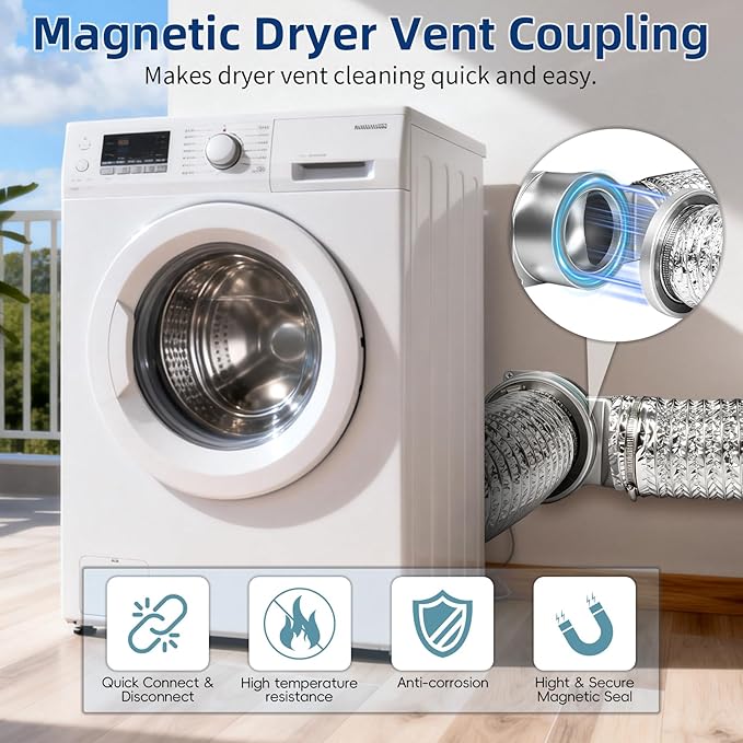 Magnetic Dryer Vent Coupling Connector Kit DV90 with Self-Aligning Magnets, Airtight Seal Easy to Clean Includes 3ft 4-Inch Hose & 2 Clamps