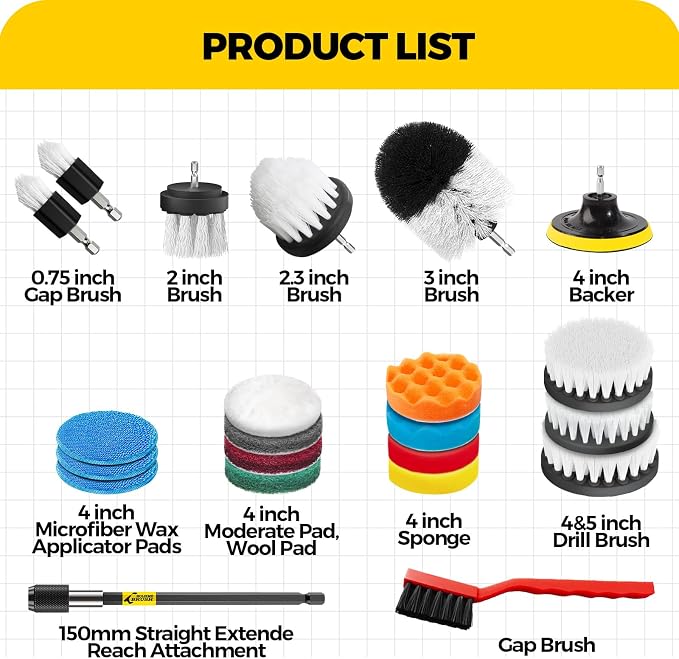 Holikme 22Pack Drill Brush Attachments Set, Scrub Pads & Sponge, Buffing Pads, Power Scrubber Brush, Car Polishing Pad Kit,Wax Applicator Pad,Car Cleaning Kit,Cleaning Supplies,Masonry Brushes,White