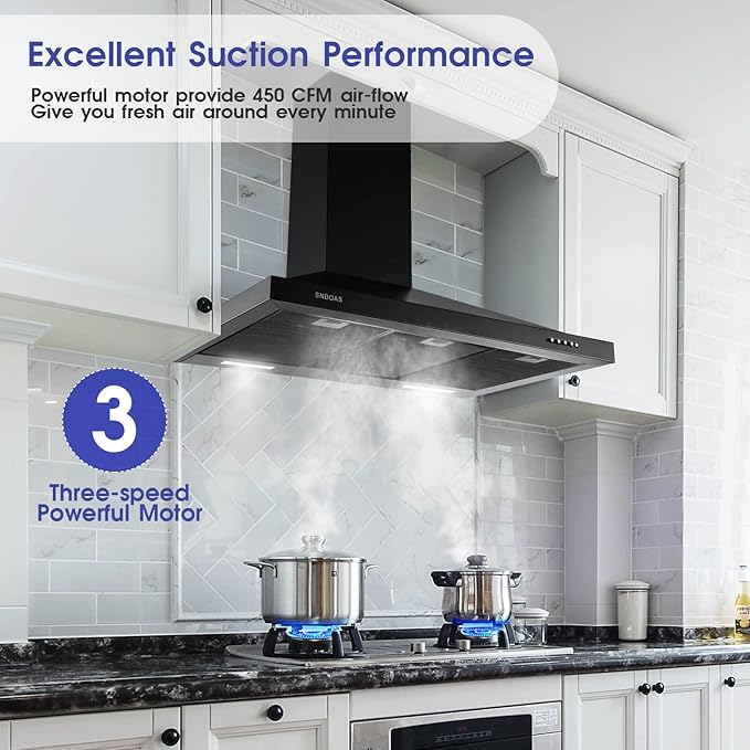 SNDOAS Black Range Hood 36 inches,Stainless Steel Wall Mount Range Hood Black,Kitchen Hood Vent with Ducted/Ductless Convertible,Hood Vents for Kitchen,Ductless Range Hood,Vent Hood 36 inch