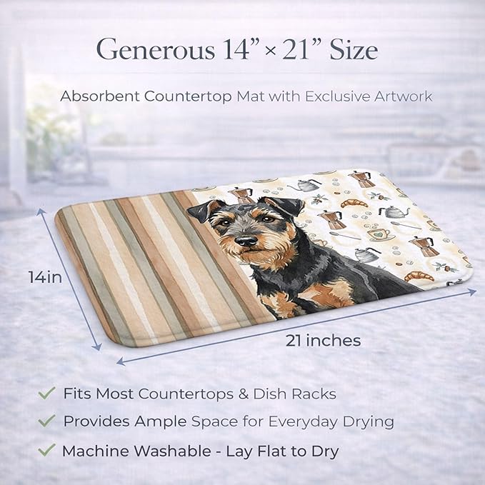 Caroline's Treasures Black and Tan Lakeland Terrier Coffee Bar Dish Drying Mat Absorbent Dish Drying Mat Pad for Kitchen Counter Dish Drainer Mat for Countertop, 14 x 21", Multicolor