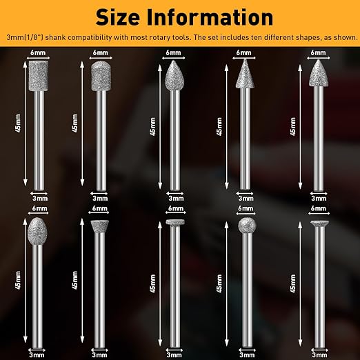 FOTYBEI 10PCS Diamond Grinding Burr Bits Set Compatible with Dremel Rotary Tools, 10 Shapes 1/8" Shank 120 Grit, for Polishing, Grinding, Carving on Glass, Ceramic, Stone (10Pcs-120 Grit)