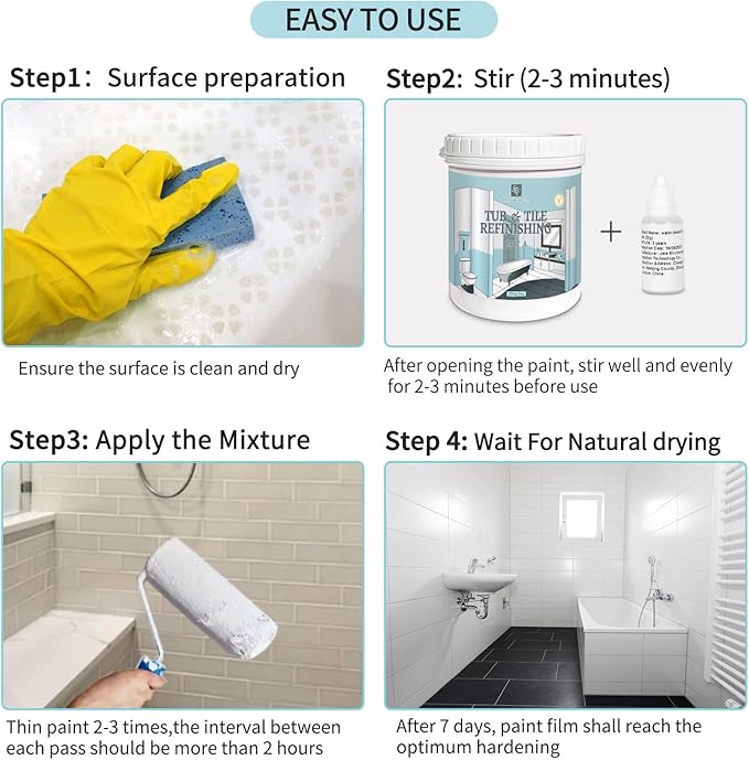 Light Gray Tile Bathtub Refinishing Wall Paint- Bathtub, Bathroom Wall, Countertop, Sink Paint - Easy to Use, Waterproof, Low Odor, No Toxic (White 50-60 sq.ft)