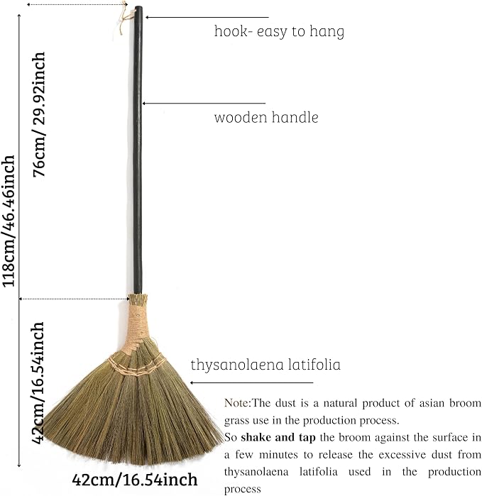 Vietnamese Broom 46.46inch Length - Brooms for Sweeping Indoor Outdoor - Black Long Wooden Handle Natural Soft Broom for Jumping, Weeding, Decoration