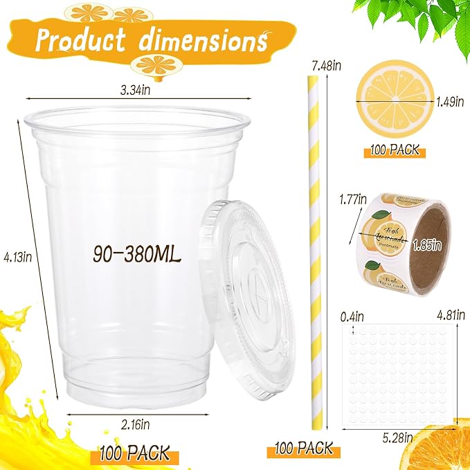 100Pcs Lemon Disposable Plastic Cups with Lids and Straws, 12Oz Party Cups Lemon Cold Beverage Drinking Cups with Stickers for lemonade Stand Supplies Summer Iced Coffee Smoothie Juice Tea