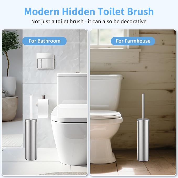 Stainless Steel Toilet Brush and Holder Set Brushed Silver Heavy Duty Toilet Bowl Brush with Long Handle for Bathroom and Farmhouse (Silver)