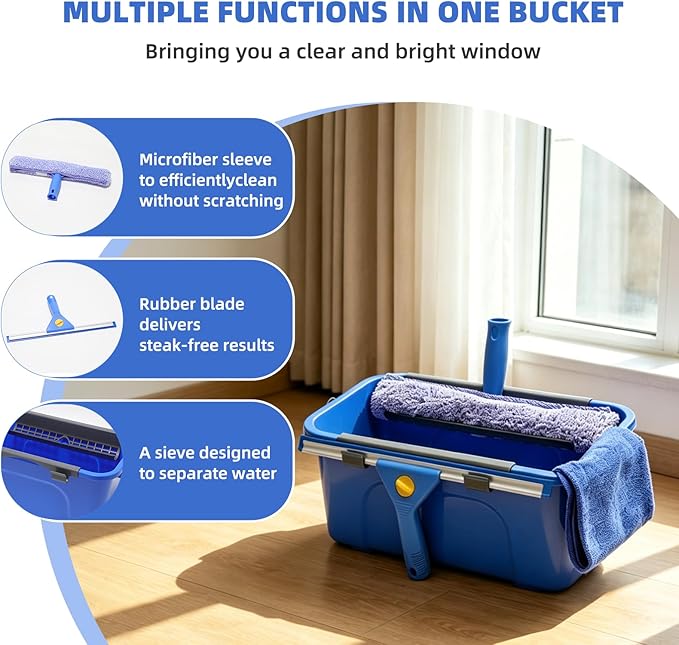 Window Cleaning Kit with 3 Gallon Bucket – 76" Long Hand Window Washing Tool Set for Home, Commercial & Car – 14" Squeegee + 15" Scrubber, Professional Grade Cleaner Equipment for High Windows