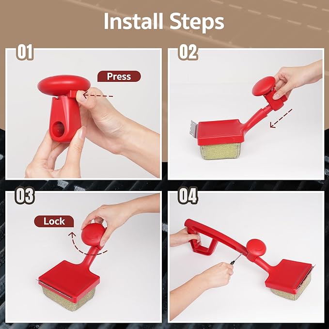 GASPRO Grill Brush Bristle Free for Outdoor Grill, BBQ Cleaning Brush Set with 2 Replacement Heads, Heat-Activated Sponge & Scraper, Ergonomic Handle, Safe for Most Grates, Red