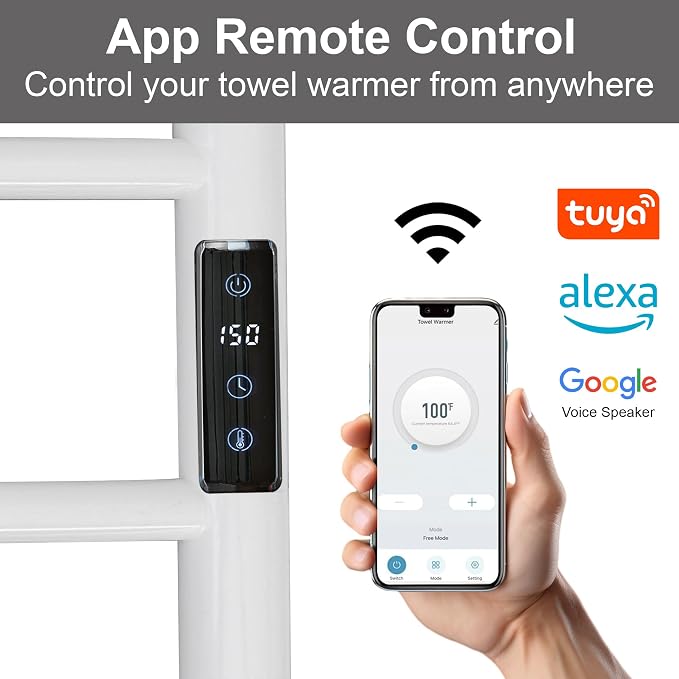Electric Towel Rack with Voice Control for Alexa & Google Home,TUYA - Wall-Mounted Bathroom Heating Towel Warmer,Plug-in,Stainless Steel Material,16.54x23.62x5.51 in,White,4 Bars
