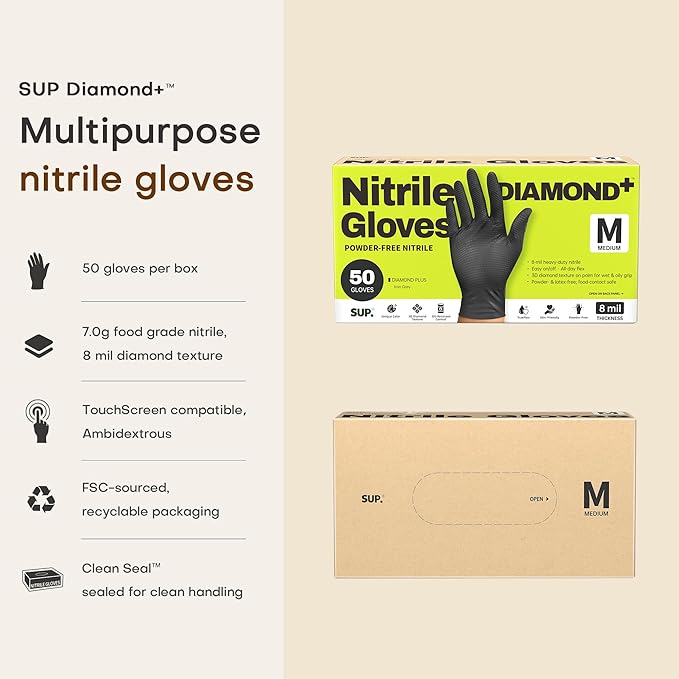 SUPER+ Disposable Nitrile Gloves, 8 Mil Diamond Powder-Free Latex-Free Food Safe Chemical Resistant Heavy Duty, Black 500 Ct