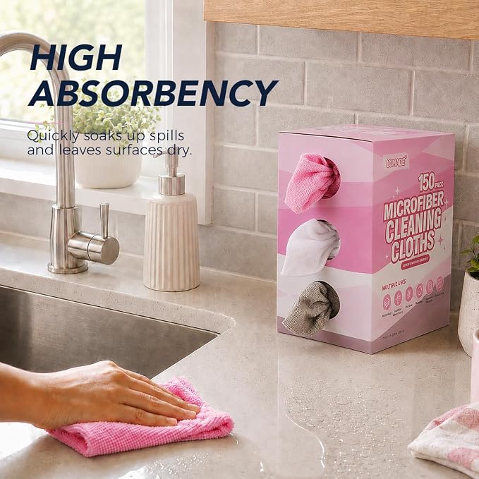 UNIMADE Microfiber Cleaning Cloth, 150 Pack Reusable Paper Towels Microfiber Towels for Cars Lint Free Shop Rags with Box for Home Kitchen Automotive, 11"x 9", White & Grey & Pink