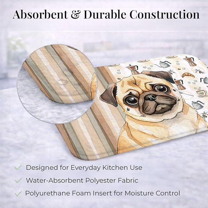 Caroline's Treasures Fawn Pug Coffee Bar Dish Drying Mat Absorbent Dish Drying Mat Pad for Kitchen Counter Dish Drainer Mat for Countertop, 14 x 21", Multicolor