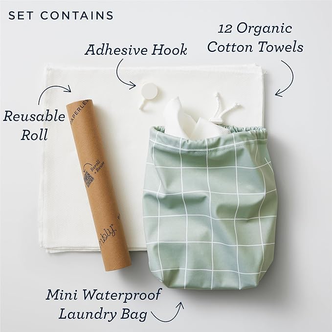 Esembly Paperless Towel Roll - Reusable Kitchen Towels 12-Pack Washable Cotton with Laundry Bag & Hook - Zero-Waste, Absorbent, Washable - Plaid