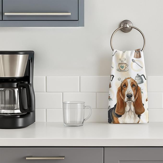 Caroline's Treasures Tricolor and White Basset Hound Coffee Bar Kitchen Towel Velour Plush Front and Cotton Loop Back Machine Washable