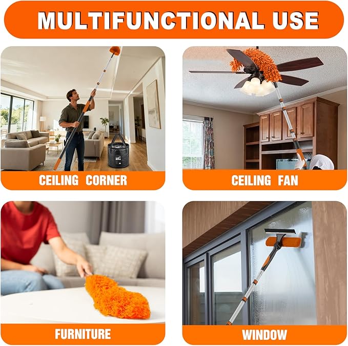 SISUPASSIE 26FT Reach High Ceiling Duster Kit, Window Cleaning kit with 5-20FT Extension Pole, Fan Duster for Ceiling Fan Blades, Microfiber Feather Duster, Window Squeegee, Bucket and Cobweb Duster