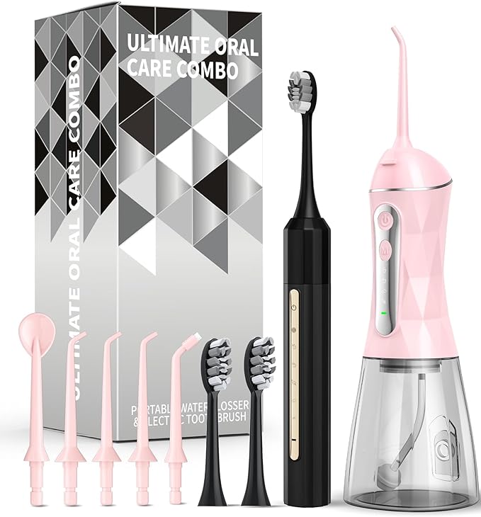 Water Flosser and Electric Toothbrush Combo,2-1 Oral Clean Kit, 5-Speed Sonic Electric Toothbrush & 4-Speed Portable Water Flosser to Clean Teeth and Protect Gum Health, IPX7 (Pink-Set)