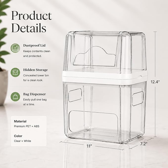Trash Bag Dispenser & Dishwasher Pods Organizer, Clear Acrylic Garbage Bag Holder Under Sink Organizer With Removable Lid, Laundry Pods Container for Kitchen Pantry Laundry Room (3IN1 Dispenser)