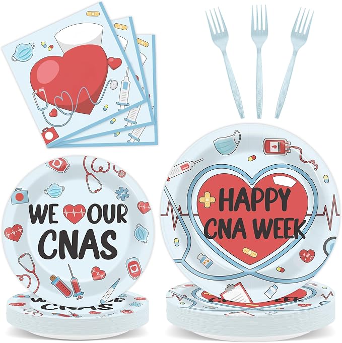 CHUNNIN 96Pcs Happy CNA Week Plates and Napkins Nurse Appreciation Week Party Decorations We Love Our CNAS Dessert Plates Nurse Tableware for 24 Guests CNA Appreciation Week Party Supplies