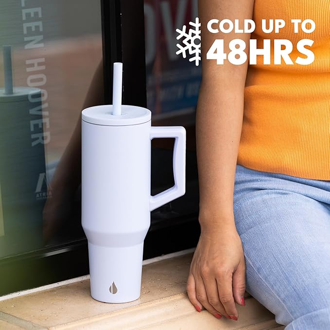 Elemental 40 oz Tumbler with Handle and Straw - Spill Proof Insulated Stainless Steel Commuter for Cold Beverages - Travel Coffee Mug with 2 Straws & Spill Proof Lid - 40oz - Ice Blue