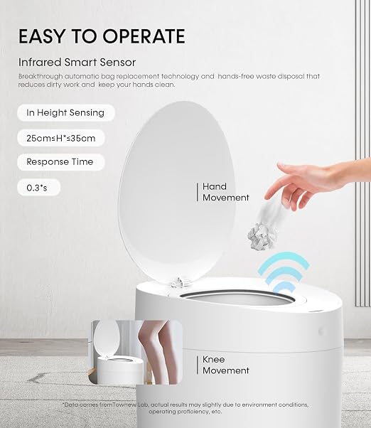 TOWNEW T AIR ONE Smart Trash Can, 2.6 Gallon Automatic Garbage Can with Self-Sealing and Self-Changing, Motion Sense Activated Rechargeable Trashcan for Living Room Bedroom Workshop Kitchen, White