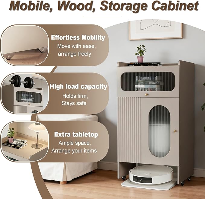 Robot Vacuum Stand Cabinet, Wood Storage Cabinet with Wheels & Doors for Robot Vacuum Cleaner, Hidden Storage Cabinet for Living Room, Easy Water Changing
