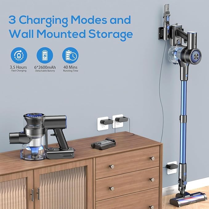 Cordless Vacuum Cleaner, 6 in 1 Lightweight Stick Vacuum with Rechargeable Battery, Handheld Conversion, LED Headlights & 180° Swivel Brush, for Hardwood Floor Carpet Pet Hair Stairs Car(Blue)