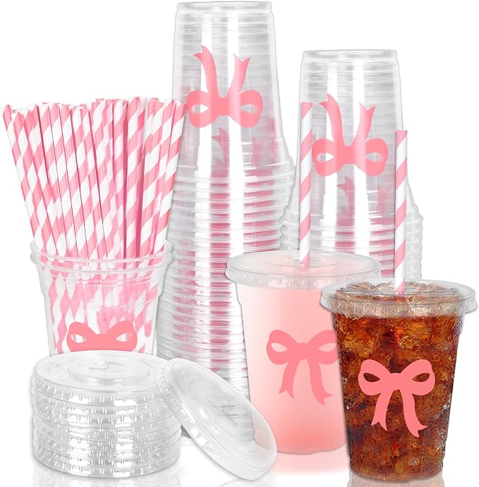 Whaline 50 Pcs Pink Bow Disposable Plastic Cups with Lids and Straws 12 Oz Lovely Bowknot Cold Beverage Drinking Cups for Wedding Birthday Bridal Baby Shower Party Supplies