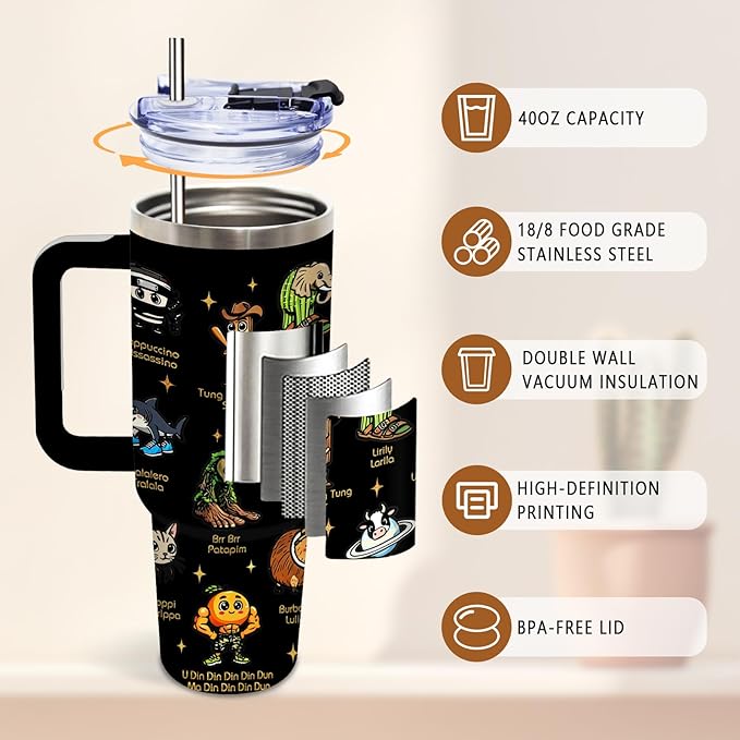 DUUV Funny Cartoon Characters Tumbler 40 Oz with Handle, Cute Animal Design Stainless Steel Insulated Mug with Lid and Straw, Novelty Gifts for Men Women Girls,1 PCS