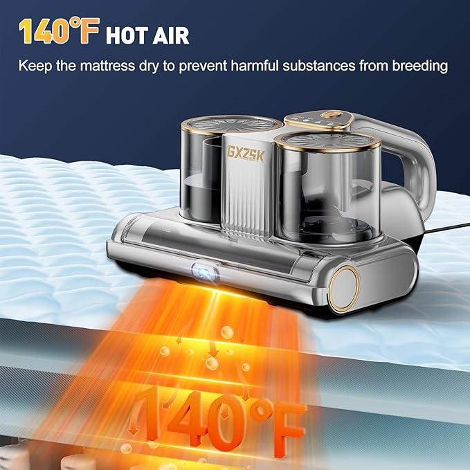 Gxzsk Mattress Vacuum Cleaner, 16kPa Bed Vacuum Cleaner with 253.7nm UV-C Light, Ultrasonic & 140℉ Heating, Dual Cup & Widen Suction Port Handheld Vacuums for Bed, Sofa, Couch, Crib (500W, Corded)