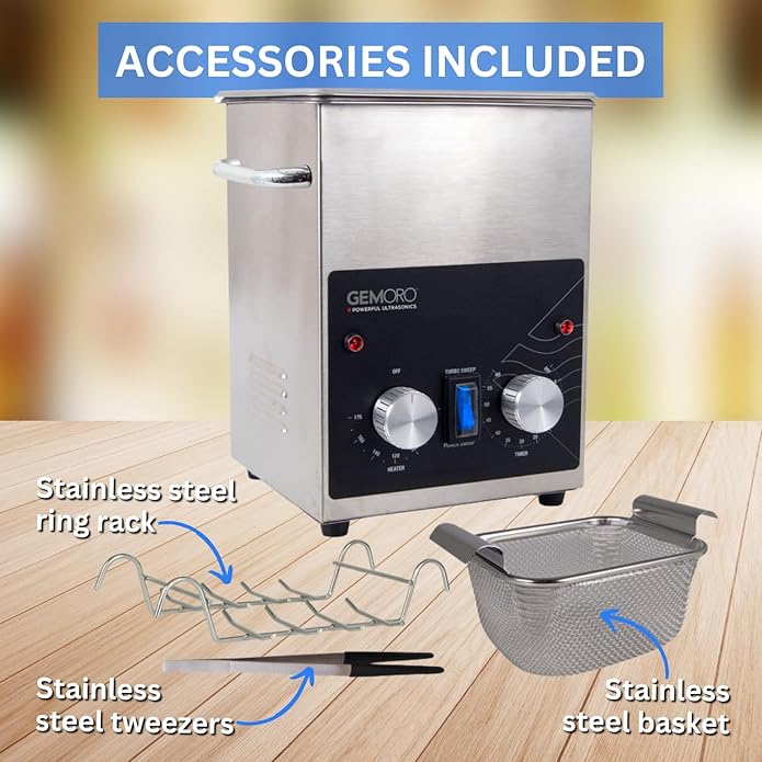 GemOro Ultrasonic Jewelry Cleaner | Heated Stainless Steel Personal Gentle Cleaner with Basket | Professional Performance Machine for Rings Watches Glasses Earrings