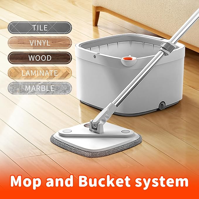 Spin Mop and Bucket Set with Self Separation Dirty and Clean Water System Self Wringing 360° Rotating Clean Mop-Head for Hardwood Tile Marble Floors (Mop Set with 6 Pads)-Grey
