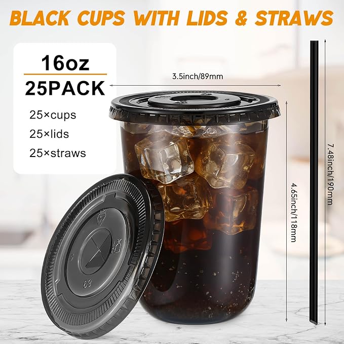 Ziliny 25 Sets Clear Round Bottom Plastic Cups with Lids and Straws, Cute Disposable Drinking Coffee Cups, for Christmas Valentine's Galentine's Day Party Wedding Birthday Supplies (16oz,Black)