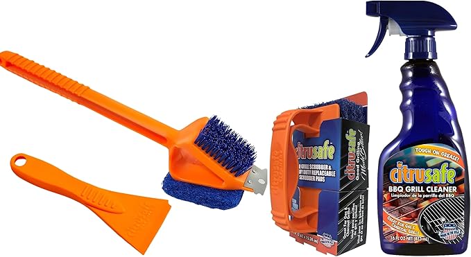Citrusafe Heavy Duty Grill Cleaner Kit - 3in1 Grill Brush, Grill Cleaner Spray, Cookbox Scraper, & 3 CT Grill Scrubbers