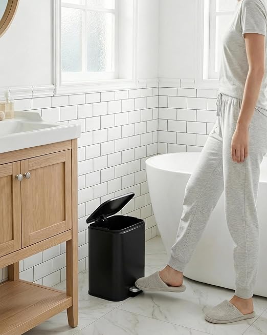 3.2 gal/12L Stainless Steel Kitchen Trash Can, Step-on Recycling Bin with Soft Close Lid, Removable Inner Bucket, Rectangular Wastebasket for Office Living Room, Black